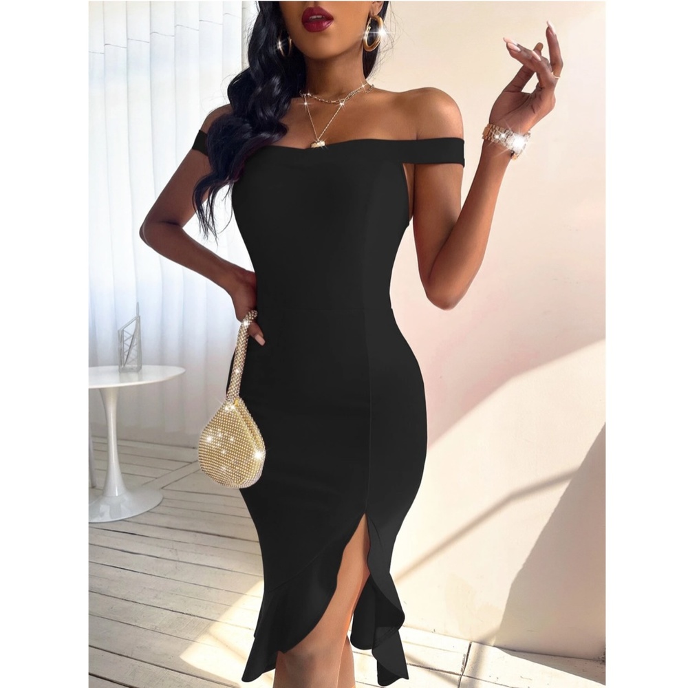 Off Shoulder Black Ruffle Detail Mermaid Dress - Picture 6 of 7